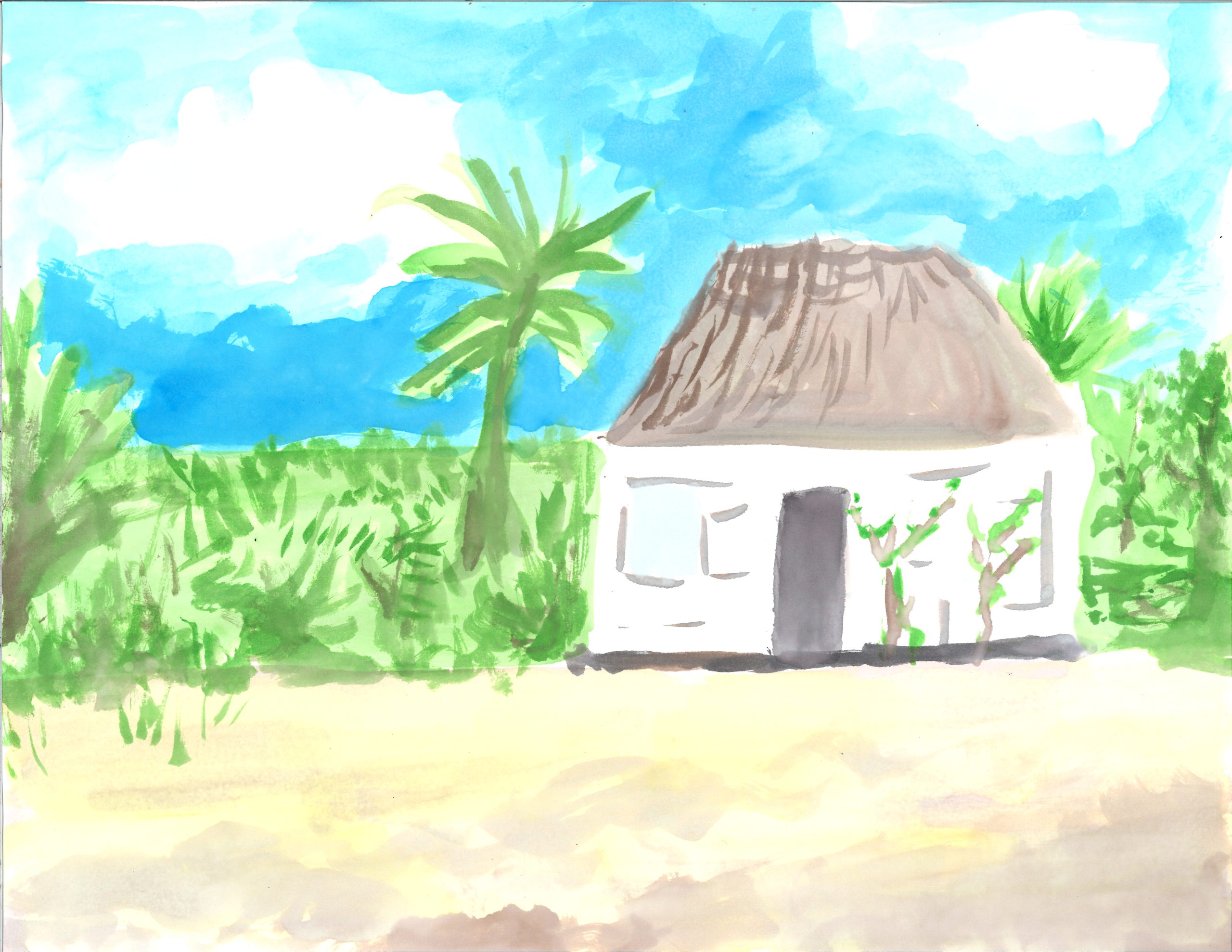 painting of a cabin on the beach